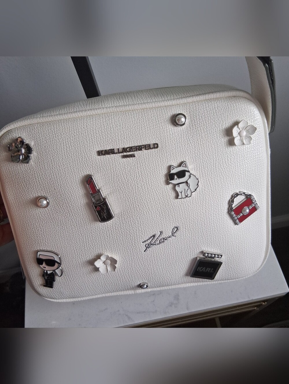 Karl Lagerfeld White Embellished Crossbody Purse - Picture 5 of 7